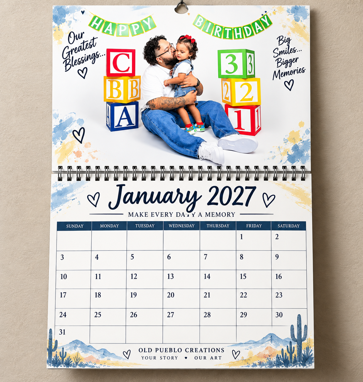 Personalized folded wall calendar created from the family birthday photograph