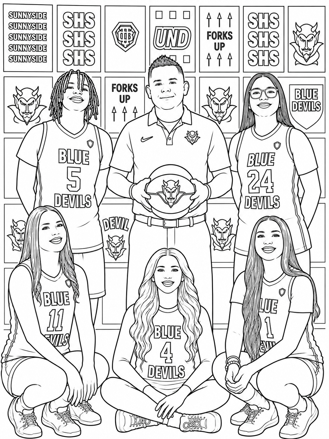 Custom coloring-book page created from the basketball team photograph