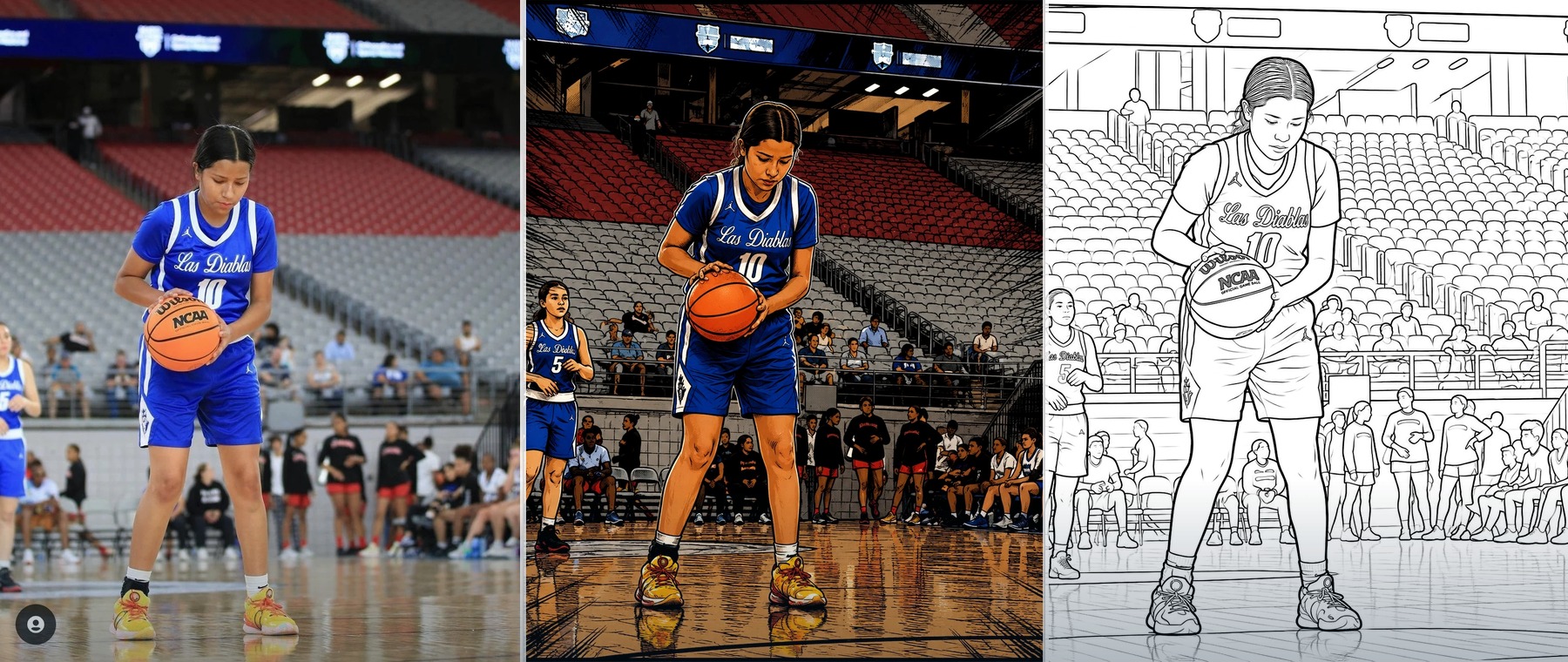 A treasured sports photograph transformed into comic artwork and a coloring page