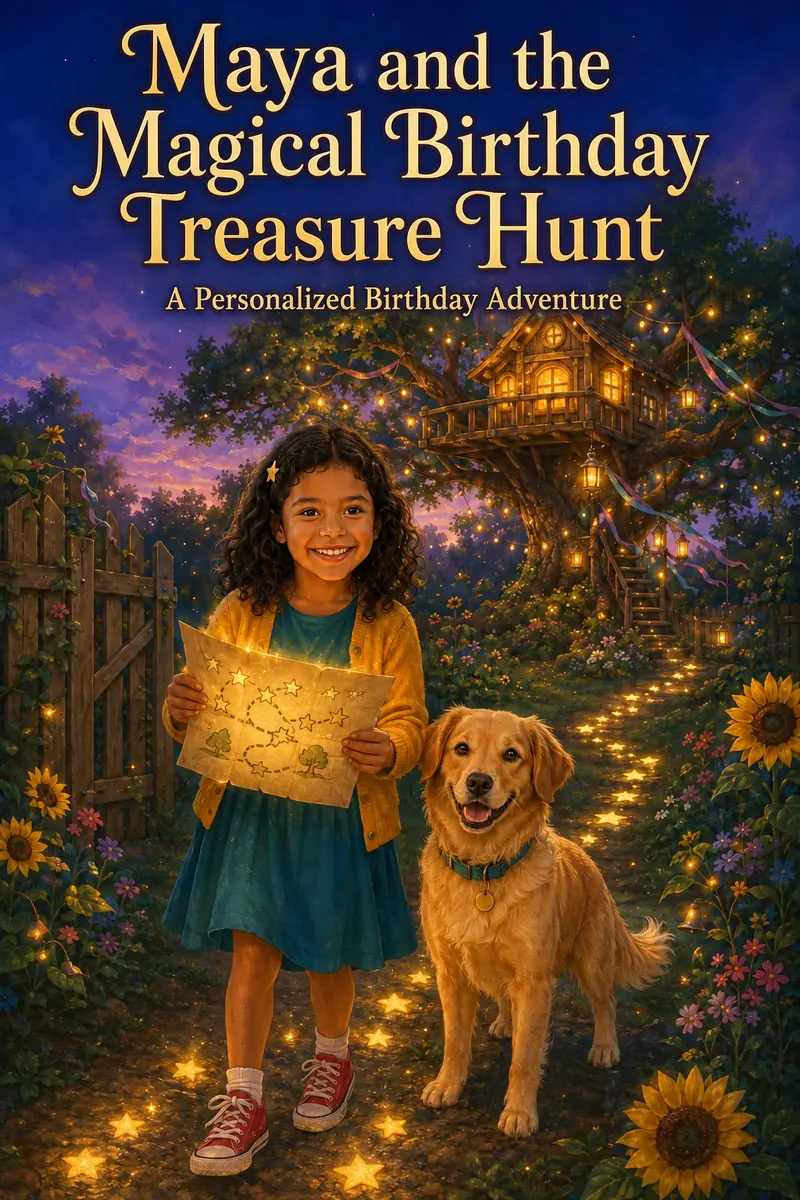Cover of Maya and the Magical Birthday Treasure Hunt featuring Maya and Pip outside a glowing treehouse