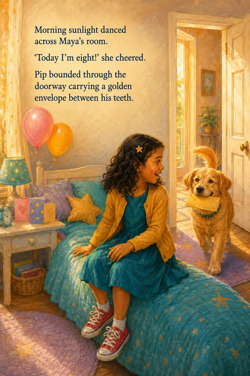 Maya and Pip beginning a personalized birthday treasure hunt in Maya's bedroom