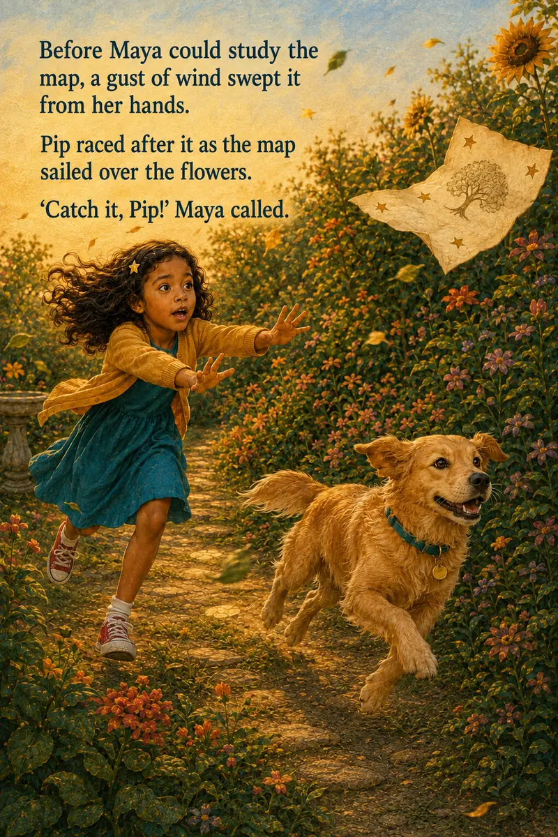 Maya and Pip chasing a magical treasure map through a flower-filled garden