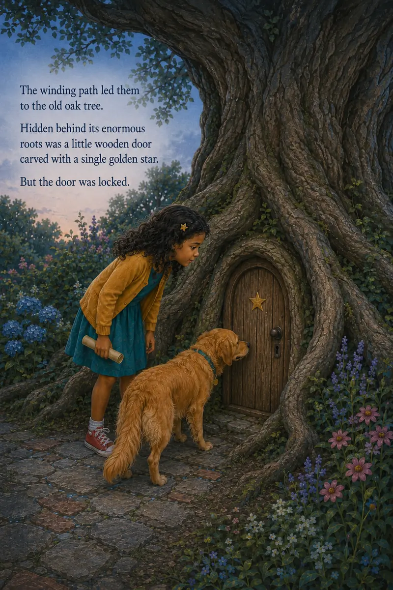 Maya and Pip discovering a tiny star-marked door in an old oak tree