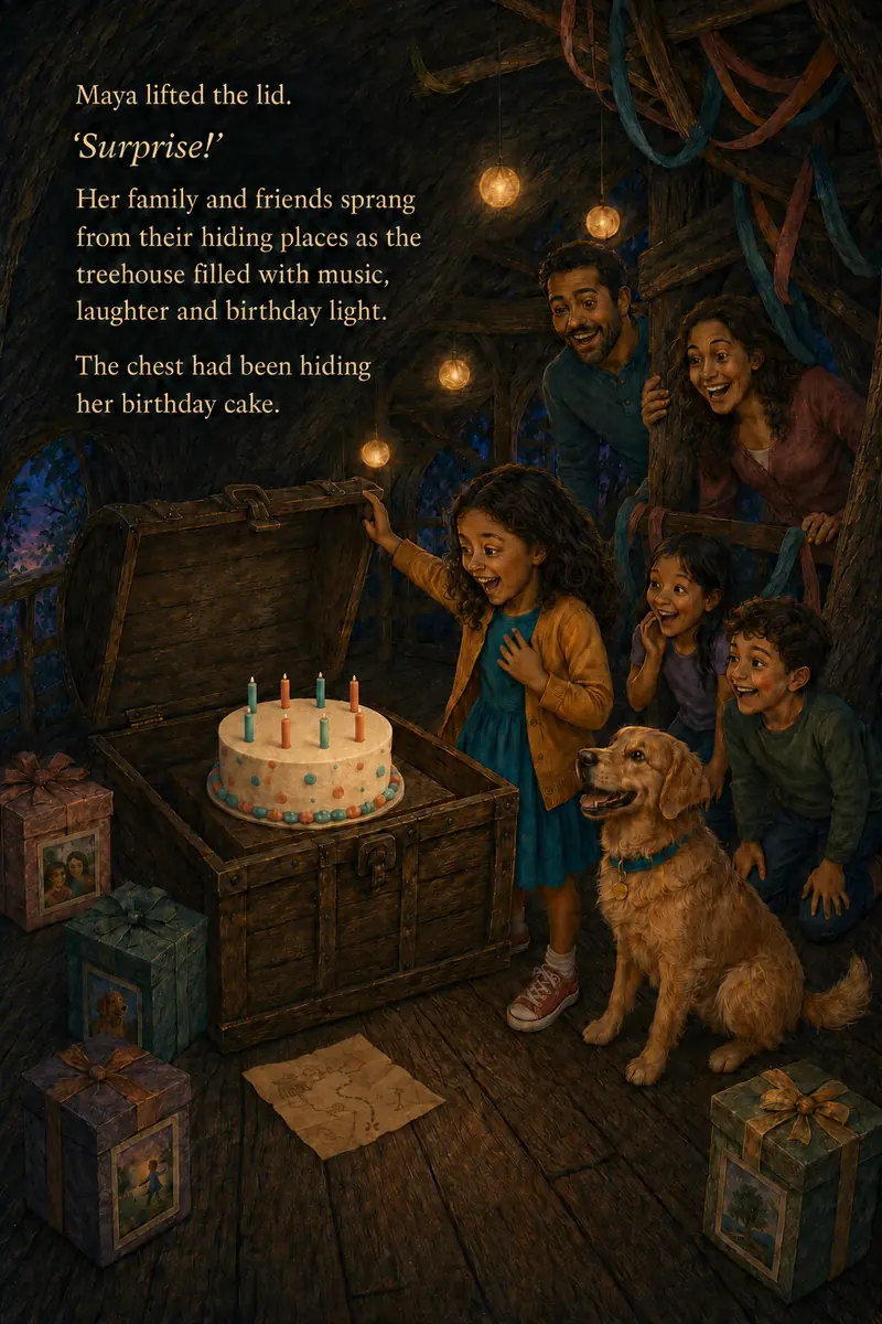 Maya opening a treasure chest containing her birthday cake as family and friends celebrate